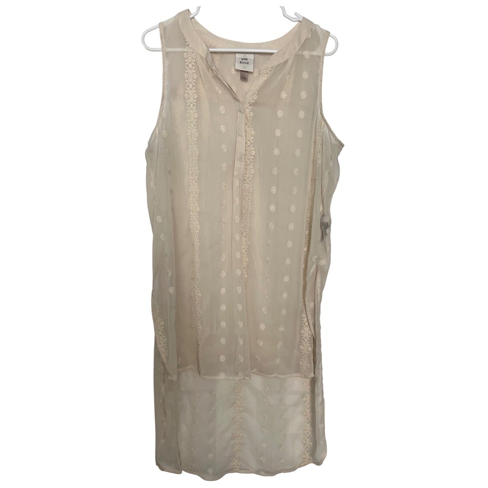 Women's Size Large Sheer Cream Embroidered Tunic Top High Low Boho Festival